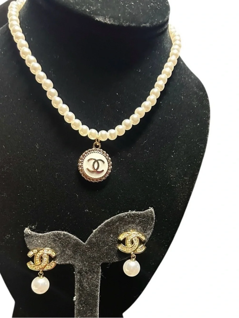 Pearl Necklace with Gold CC Pendant - White Pearls